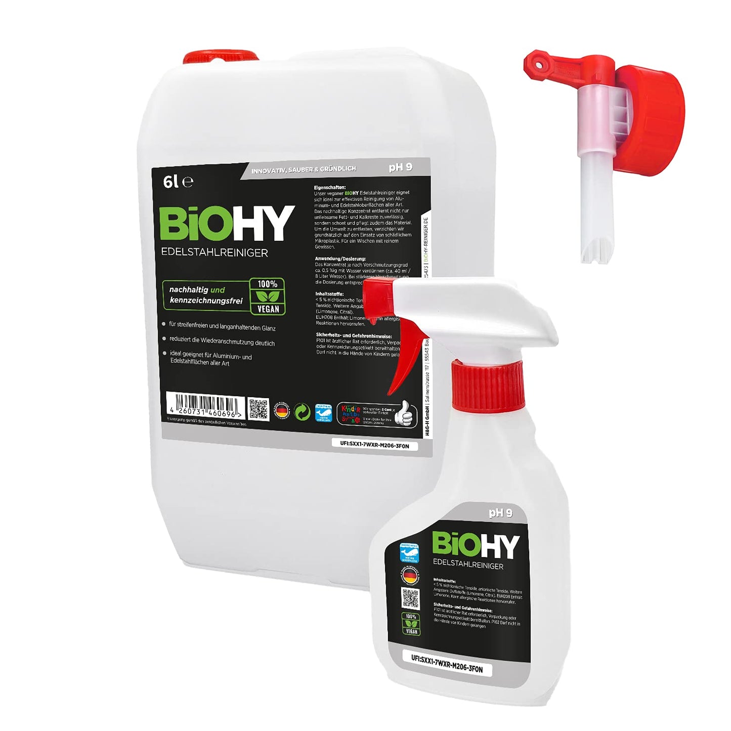 BiOHY Limpiador de acero inoxidable (1 botella de 1 litro) | Cuidado para un brillo sin rayas | limpia la cocina, las ollas o la parrilla | Gastronomía y Hogar (Edelstahlreiniger)