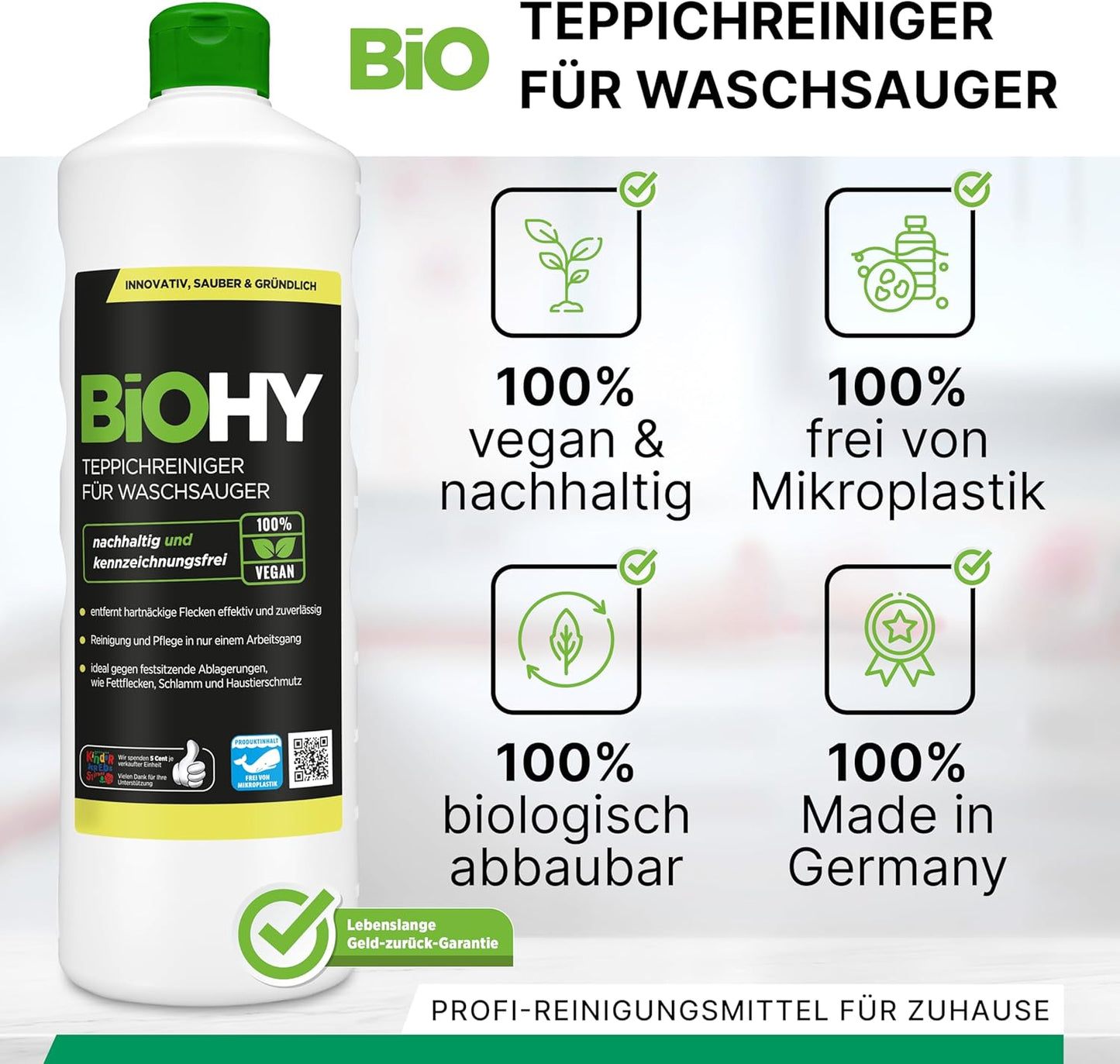 BiOHY Limpiador de alfombra para aspiradoras en húmedo (1 botella de 1 litro) | adecuado para todas las aspiradoras | elimina sin esfuerzo todas las manchas (Waschsauger)