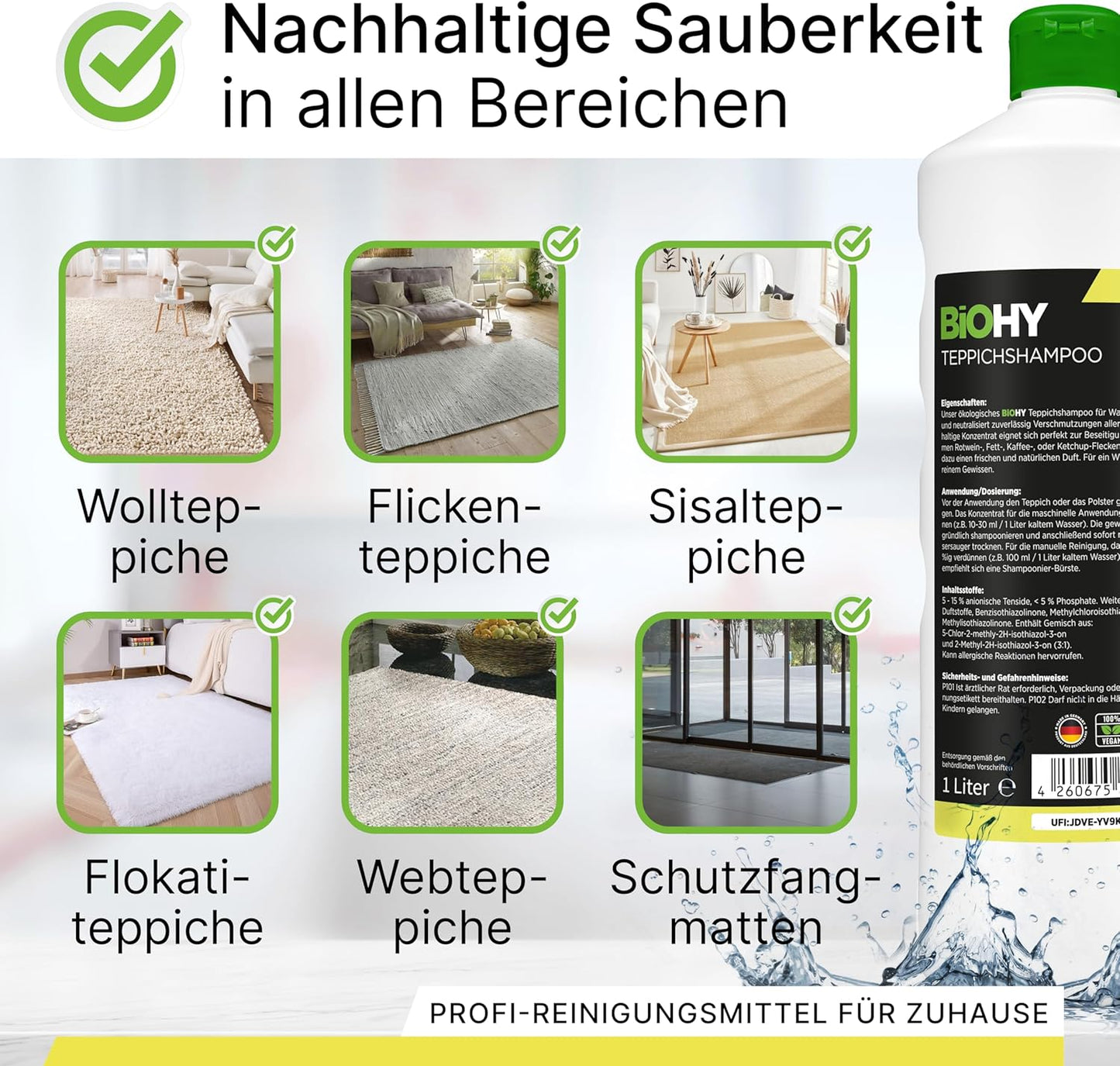 BiOHY Champú para alfombras (1 botella de 1 litro) | Limpiador de alfombras concentrado | elimina las manchas rebeldes | bien tolerado por los animales amigable con los materiales (Teppichshampoo)