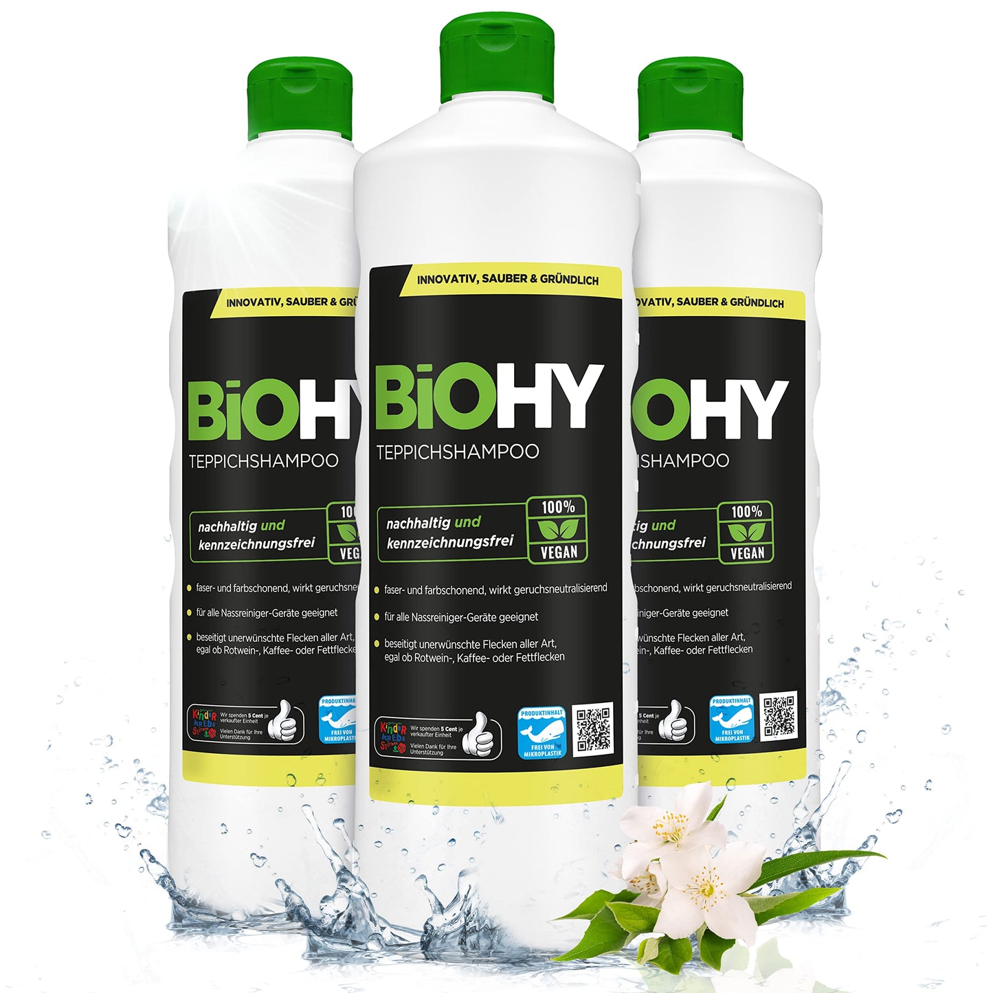 BiOHY Champú para alfombras (1 botella de 1 litro) | Limpiador de alfombras concentrado | elimina las manchas rebeldes | bien tolerado por los animales amigable con los materiales (Teppichshampoo)