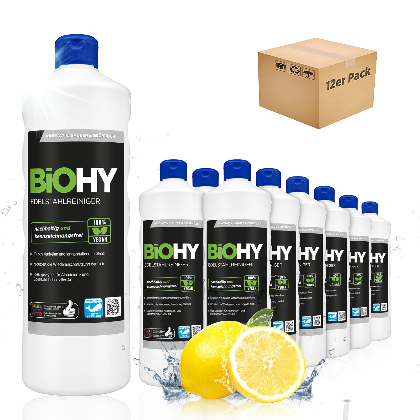 BiOHY Limpiador de acero inoxidable (1 botella de 1 litro) | Cuidado para un brillo sin rayas | limpia la cocina, las ollas o la parrilla | Gastronomía y Hogar (Edelstahlreiniger)