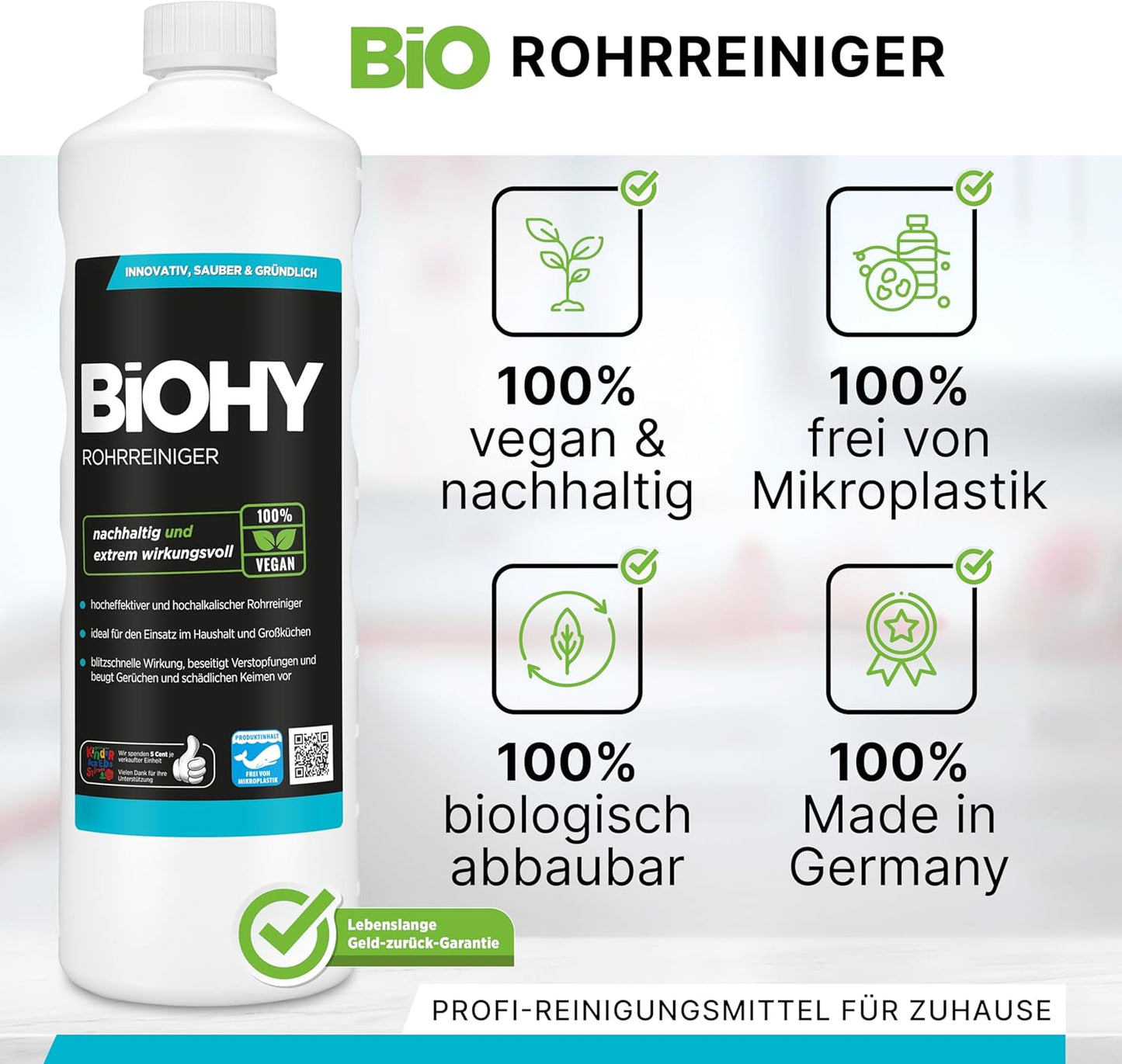 BiOHY Desatascador (1 botella de 1 litro) | Líquido, limpiador de desagües altamente concentrado | Inodoro, Para todos los bloqueos | EXTRA FUERTE (Rohrreiniger)