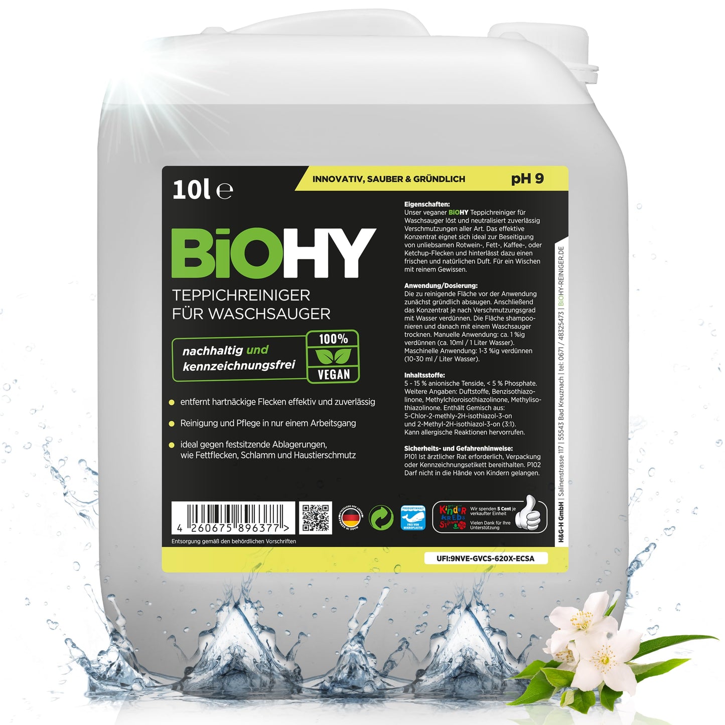 BiOHY Limpiador de alfombra para aspiradoras en húmedo (1 botella de 1 litro) | adecuado para todas las aspiradoras | elimina sin esfuerzo todas las manchas (Waschsauger)