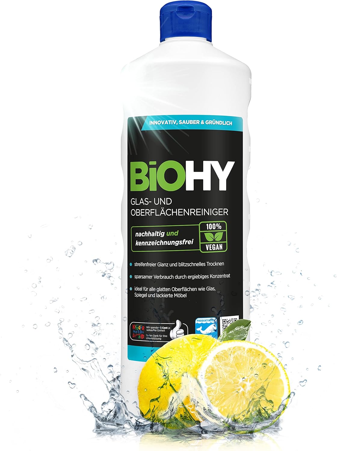 BiOHY Limpia cristales y superficies (1 botella de 1 litro) | Concentrado para uso de aparatos y suelos duros | Olor agradable y limpieza sin rayas (Oberflächenreiniger)