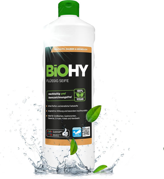 BiOHY Jabón líquido (1 botella de 1 litro) | Jabón de manos líquido, hidratante y respetuoso con la piel | LIBRE DE FOSFATOS | apropiado para la cara | higiene sin olor (Flüssig Seife)
