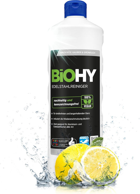 BiOHY Limpiador de acero inoxidable (1 botella de 1 litro) | Cuidado para un brillo sin rayas | limpia la cocina, las ollas o la parrilla | Gastronomía y Hogar (Edelstahlreiniger)