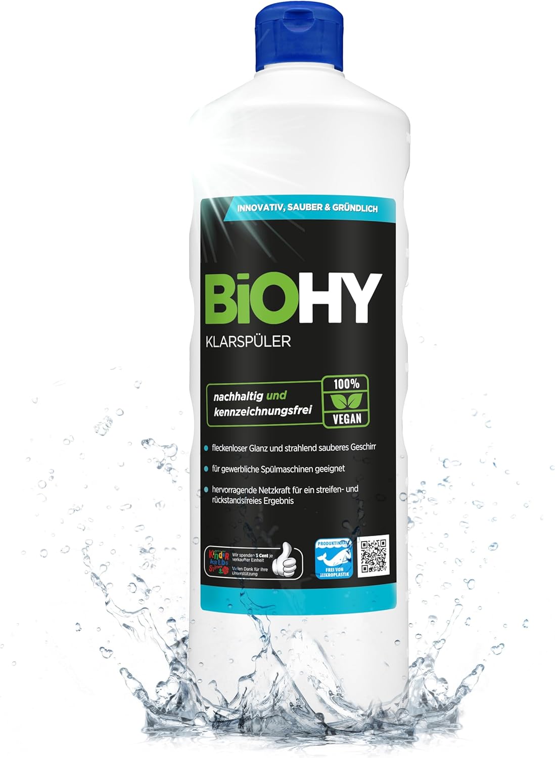 BiOHY Abrillantador (1 botella de 1 litro) | Apto para todos los lavavajillas | para un brillo inmejorable en los vasos y platos sin manchas de agua (Klarspüler)