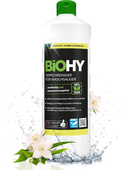 BiOHY Limpiador de alfombra para aspiradoras en húmedo (1 botella de 1 litro) | adecuado para todas las aspiradoras | elimina sin esfuerzo todas las manchas (Waschsauger)
