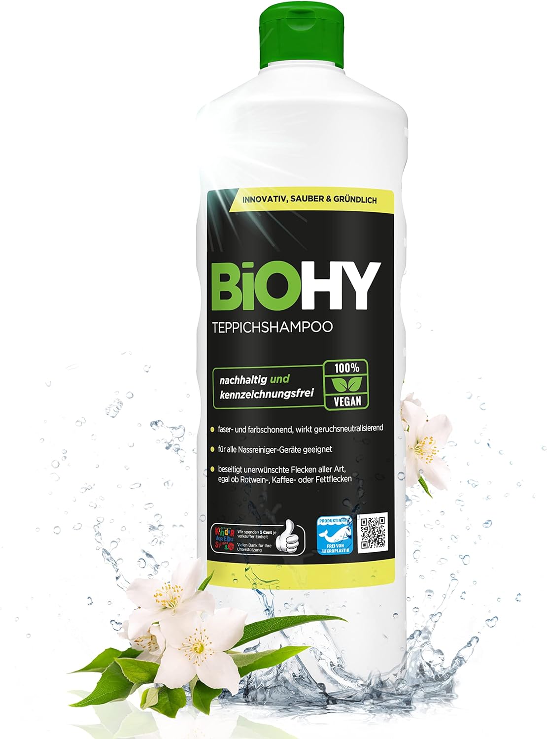 BiOHY Champú para alfombras (1 botella de 1 litro) | Limpiador de alfombras concentrado | elimina las manchas rebeldes | bien tolerado por los animales amigable con los materiales (Teppichshampoo)