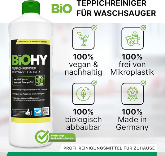BiOHY Limpiador de alfombra para aspiradoras en húmedo (1 botella de 1 litro) | adecuado para todas las aspiradoras | elimina sin esfuerzo todas las manchas (Waschsauger)