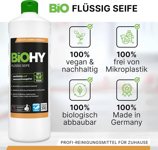 BiOHY Jabón líquido (1 botella de 1 litro) | Jabón de manos líquido, hidratante y respetuoso con la piel | LIBRE DE FOSFATOS | apropiado para la cara | higiene sin olor (Flüssig Seife)