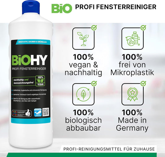 BiOHY Limpiacristales profesional (1 botella de 1 litro) | Limpiador concentrado de vidrios, para de ventanas | Limpieza optima de vidrios, ventanas y espejos (Fensterreiniger)