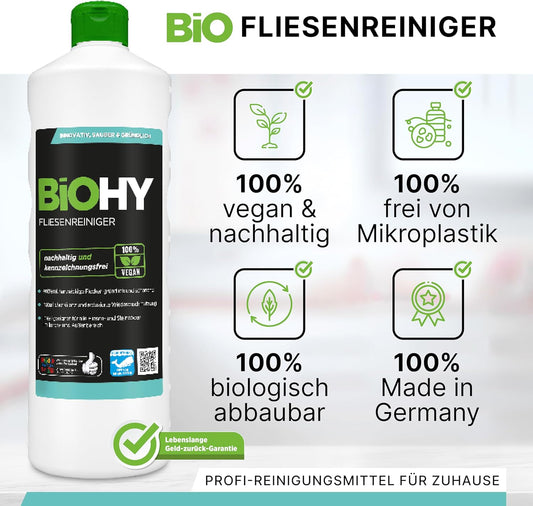 BiOHY Limpiador de azulejos (1 botella de 1 litro) | especialmente desarrollado para suelos de piedra y baldosas, deja una capa de brillo repelente a la suciedad (Fliesenreiniger)