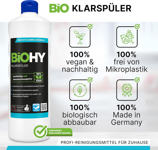 BiOHY Abrillantador (1 botella de 1 litro) | Apto para todos los lavavajillas | para un brillo inmejorable en los vasos y platos sin manchas de agua (Klarspüler)