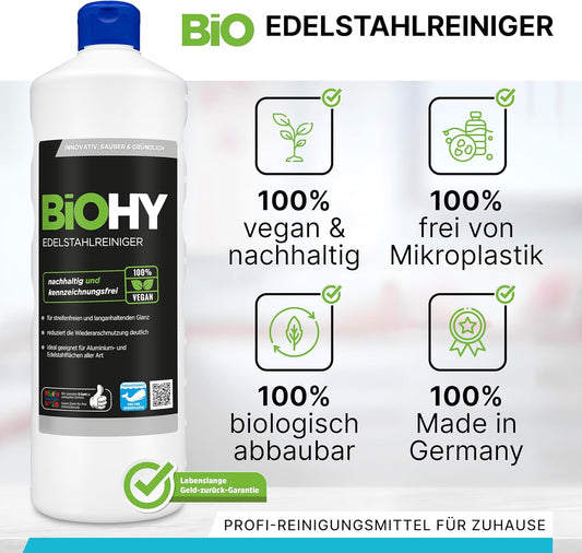 BiOHY Limpiador de acero inoxidable (1 botella de 1 litro) | Cuidado para un brillo sin rayas | limpia la cocina, las ollas o la parrilla | Gastronomía y Hogar (Edelstahlreiniger)