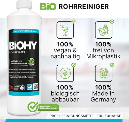 BiOHY Desatascador (1 botella de 1 litro) | Líquido, limpiador de desagües altamente concentrado | Inodoro, Para todos los bloqueos | EXTRA FUERTE (Rohrreiniger)
