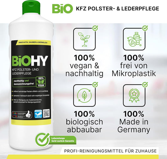 BiOHY Cuidado de tapicería y piel para coche (1 botella de 1 litro) | limpia todo el interior del coche | Quitamanchas para asientos de coche | deja un olor agradable (KFZ Polster)