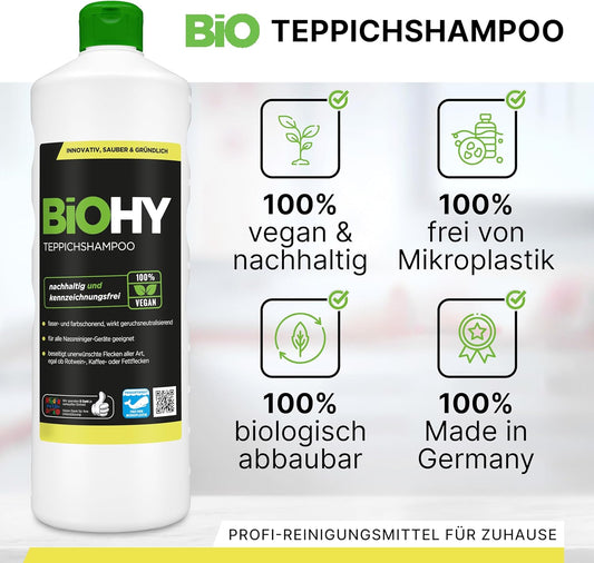 BiOHY Champú para alfombras (1 botella de 1 litro) | Limpiador de alfombras concentrado | elimina las manchas rebeldes | bien tolerado por los animales amigable con los materiales (Teppichshampoo)