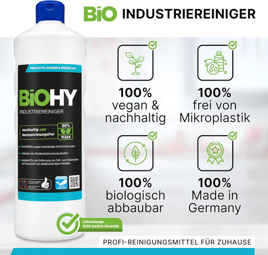 BiOHY Limpiador industrial (1 botella de 1 litro) | limpiador de talleres | contra grasas y aceites | ideal para metal, plástico, vidrio, herramientas sin espuma y estrías (Industriereiniger)