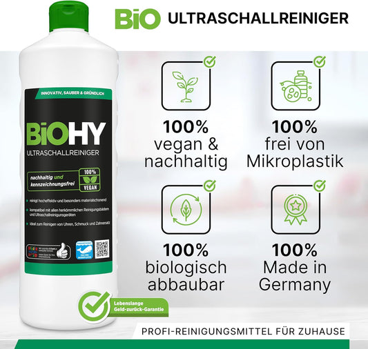 BiOHY Limpiador ultrasónico (1 botella de 1 litro) | limpieza intensiva y suave de gafas, productos dentales, oro, monedas y joyas (Ultraschallreiniger)